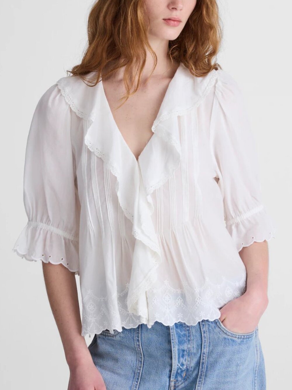 Madewell Blaire Eyelet Pintuck Embroidered Ruffle Sleeve Top White Size L NWT